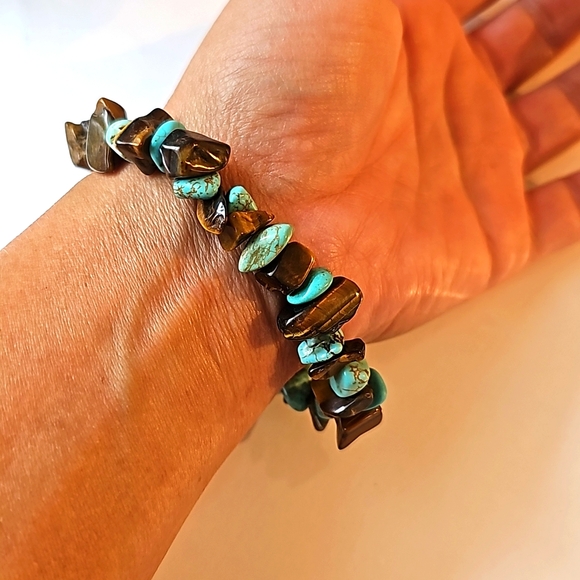 Vintage Turquoise Bracelet Blue brown nugget teardrop Sea Beach Ocean Ankle - Picture 6 of 11